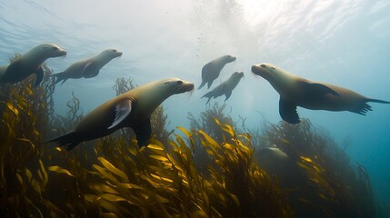 Fototapeta premium A group of sea lions swim through a kelp forest in the clear blue water.