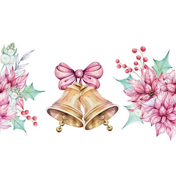 watercolor christmas bells with pink bow clip art preview