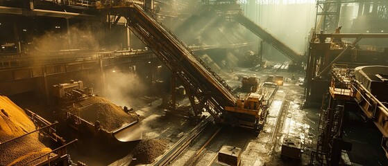 Detailed interior view of a mineral processing plant with massive crushers and conveyors moving ores dust clouds in the air workers operating machinery intense industrial setting