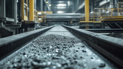 Close-up of minerals being refined in a cutting-edge processing facility shiny surfaces intricate details of machinery and conveyor belts dynamic lighting and sharp focus