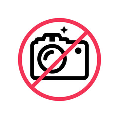 No camera black line icon. Not photography sign. Red symbol, camera prohibited. Vector illustration flat design. Isolated on white background.