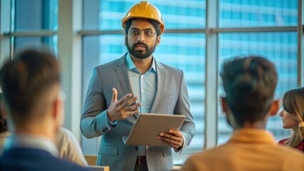An Indian mechanical engineer presenting a technical paper or concept at a professional conference or seminar.
