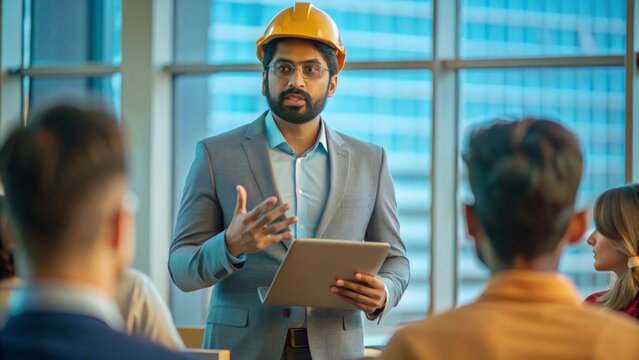 An Indian mechanical engineer presenting a technical paper or concept at a professional conference or seminar.