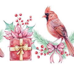 Watercolor seamless border - Christmas bird red cardinal, berries, red gift box, poinsettia flowers bouquet with holly green leaves. Arrangement with brunch. Symbol of Christmas. Winter holiday