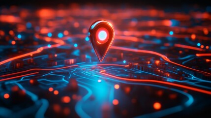 Futuristic digital map with glowing location pin, technology concept