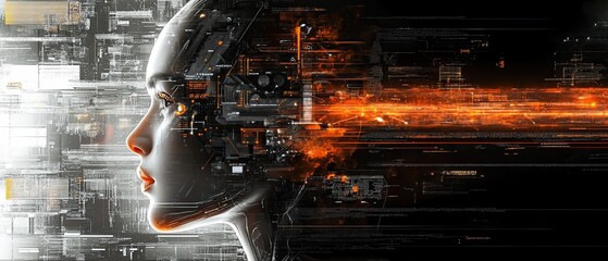 Human features integrated with advanced quantum computing elements and sleek digital interfaces in a visually striking collage