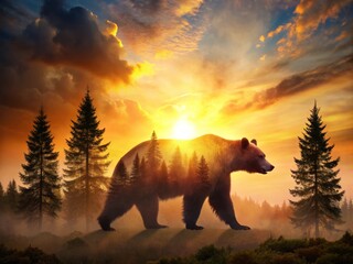 "Forested landscape with a large, majestic silhouette of a bear emerging from the darkness, its fur rendered in soft, gentle brushstrokes against a warm, sunset sky."