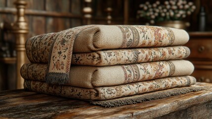 Neatly stacked decorative blankets on a rustic wooden surface.