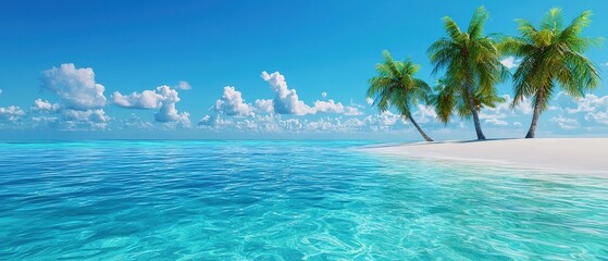 Fototapeta premium Serene tropical beach with clear blue waters, palm trees, and vibrant skies, perfect for relaxation and vacation inspiration.
