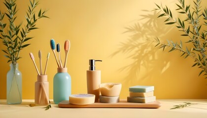 Eco toothbrushes. Bamboo toothbrushes cup, natural soap, plastic free ear sticks, wooden hair brush and white towels on gray stone background