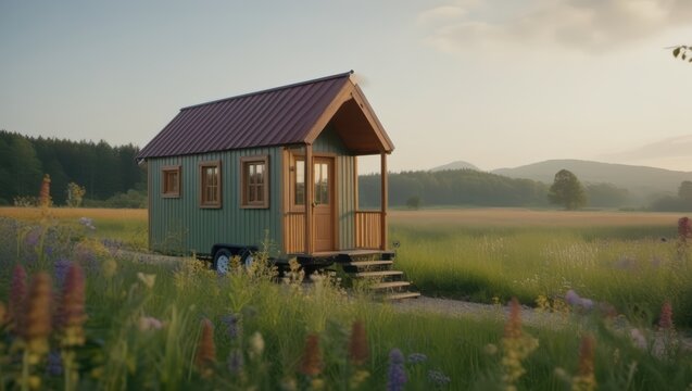 Tiny House in a Meaow at Sunset
