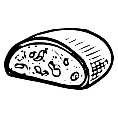 Half bread hand drawn doodle. Baked pie. Bakery. Loaf. Wheat dough bun. Sweet food. Homemade pastry. Sugar biscuit dessert. Vector sketch line art illustration.
