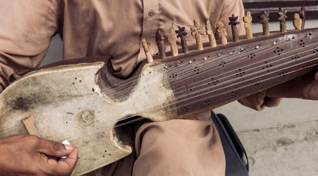 A man is playing a stringed instrument with a lot of strings