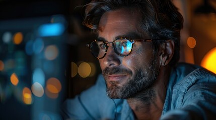 Chat manager working late in a dimly lit office to handle customer queries