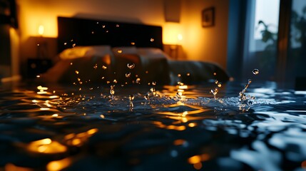 A devastated bedroom scene with waterlogged furniture, surreal water splash effects, deep blue tones, realistic style, focus on insurance claim process and home protection needs