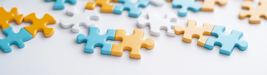 Obraz premium Colorful blue and yellow puzzle pieces interlocked on a white backdrop, showcasing a clean, minimalist design, emphasizing vibrant colors and smooth textures.