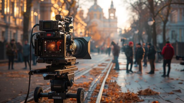 Cinematographer setting up a camera on a dolly track for a smooth tracking shot, with the film crew collaborating and preparing for the next take