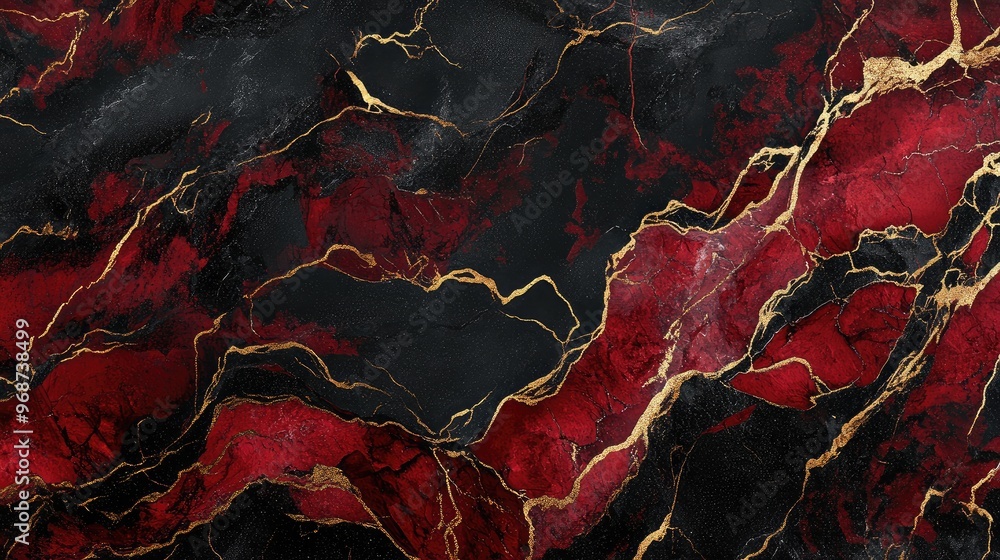 Poster bold black and red marble texture with intricate gold veins, creating a striking abstract pattern. n