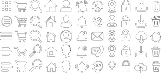 Essential website icon set, including search, cart, profile, notification, home, location, phone, bell, download, upload, and trash. Perfect for web design, apps, and user interface development