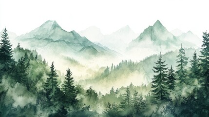 Fototapeta premium Watercolor of landscape forest misty mountains horizon and fog and hills,pine tree fir tree,Autumn forest background,drawn by hand,Autumn illustration design elements for landscape,wallpaper.