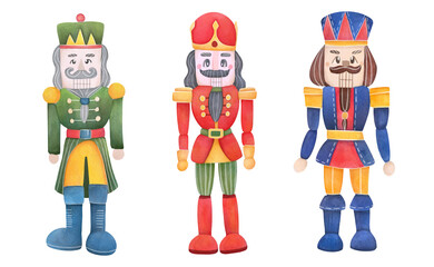 xmas watercolor concept set of nutcrackers isolated. Christmas hand drawn tin soldiers illustrations collection, clip art and cur out design element, traditional new year symbol