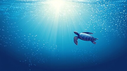 Obraz premium A lone sea turtle swims through clear blue water, sunlight shining through the surface, and a school of fish swimming above.