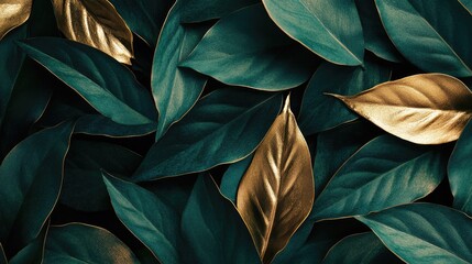 Fototapeta premium Close-up of emerald green leaves with gold tips arranged symmetrically for a wedding card background. No people. No logo.