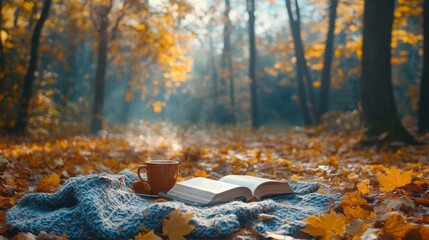 Cozy and tasty autumn picnic in a forest: tea, pie and fresh fruits on the red plaid. Rustic decor fall vibes