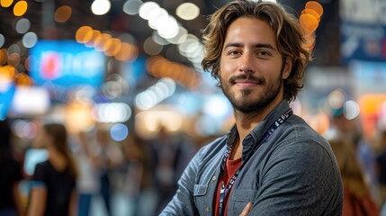 A brand ambassador at a trade show booth, engaging with visitors and promoting a product with branded materials and signage in the background