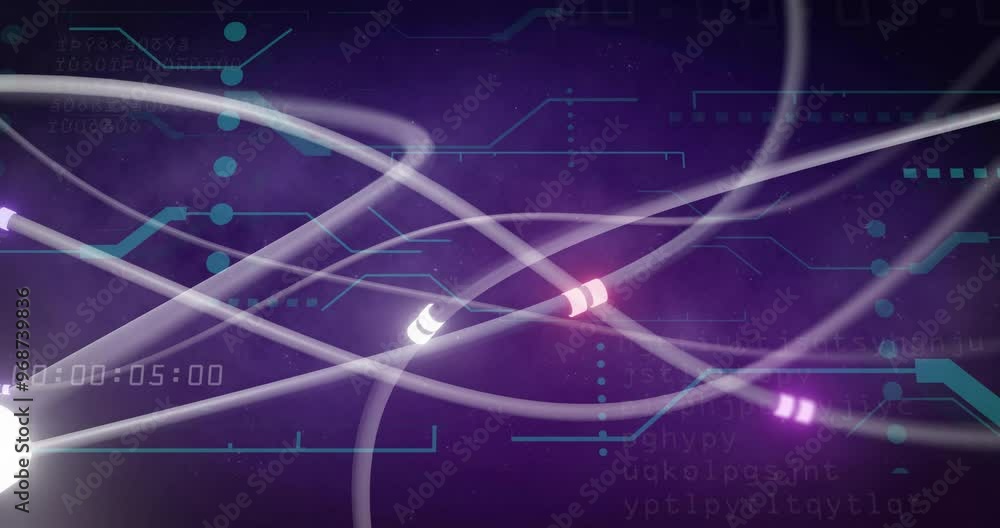 Poster animation of digital data processing and glowing network of connections on dark background