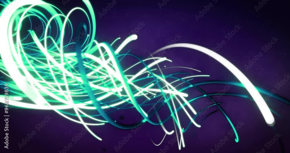 Poster animation of digital data processing and glowing network of connections on dark background