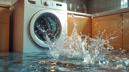 Water splashing dramatically around a malfunctioning washing machine in a flooded laundry room, showcasing the urgent need for home insurance coverage