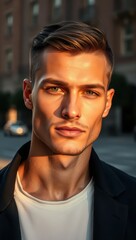 Fototapeta premium Hansome Man Portrait Close Up Green Eyes Stylish Fashion Urban City Sunset Sunlight