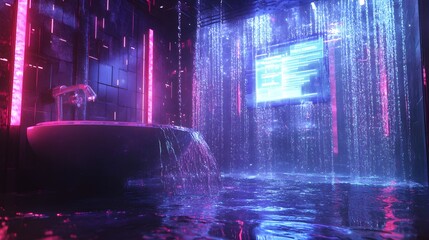 Water splashing from an overflowing sink in a futuristic bathroom, holographic insurance claims floating in the air, Neon lighting, Sci-fi style, Digital painting, High tech elements