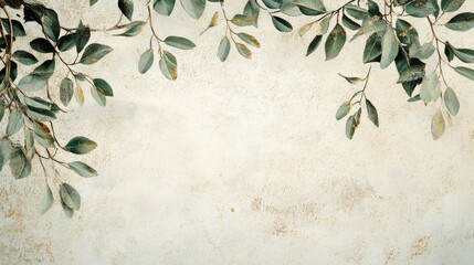 Delicate green branches with gold leaf highlights forming an elegant frame on a light, textured canvas. No people. No logo.