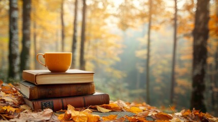 Cozy and tasty autumn picnic in a forest: tea, pie and fresh fruits on the red plaid. Rustic decor fall vibes