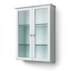 Obraz premium A white wall-mounted cabinet with glass doors and shelves for storage and display.