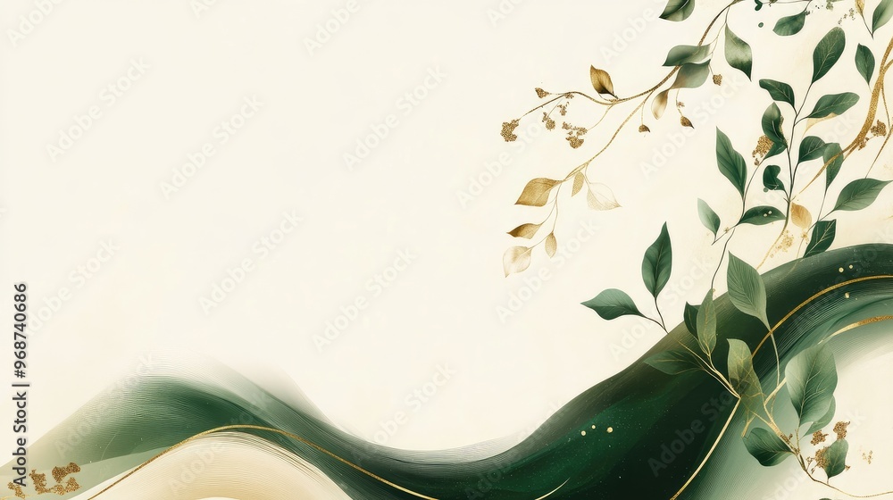 Poster green and gold botanical elements flowing gracefully in a diagonal wave on a soft cream background. 