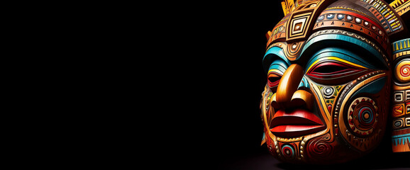 Naklejka premium Close-up of a wooden multi colored ancient Mayan or Inca Mask with intricate designs, on black background with copy space. Craftsmanship of an ancient Central American civilization. Generative Ai.