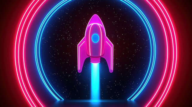 A vibrant digital illustration of a rocket launching through neon circles, evoking a sense of adventure and exploration in space.