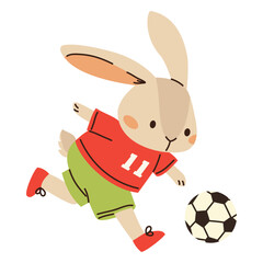 Flat vector illustration in children's style. Cute bunny in soccer uniform playing soccer. Vector illustration