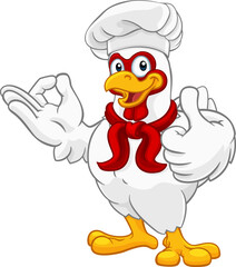 A chef chicken rooster cockerel cartoon character mascot doing a chefs okay perfect hand sign and thumbs up