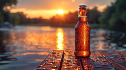 A chilled beer bottle with condensation, placed on a rustic wooden table under the summer sun