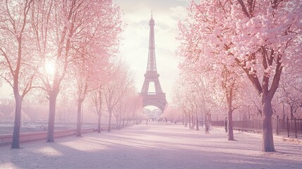 photo of empty space under trees with eiffel tower scene in background using gold, white and pink tones