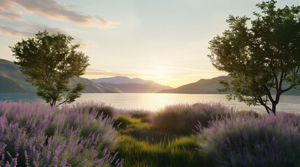 Rolling Meadows of Green Grass Leading to a Calm Lake at Sunset, Surrounded by Blooming Lavender and Tall Oak Trees with Distant Mountains, Ultra-Realistic 8K