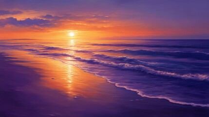 Fototapeta premium Sunset over calm ocean with colorful sky reflecting on water, tranquil seascape. Peace and serenity concept