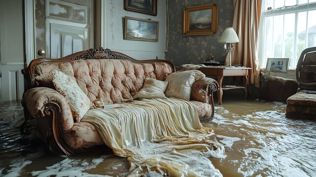 Waterlogged curtains dripping in a flooded living room, with soaked upholstery on a submerged couch, showcasing the urgency of home insurance claims
