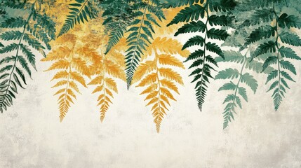 Illustration of fern leaves in green and gold, with a flowing, organic pattern on a textured white canvas. No people. No logo.