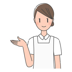 ホワイトのエプロン姿、笑顔で案内する歯科助手・歯科衛生士の女性スタッフ