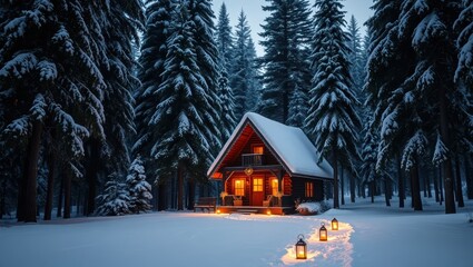 Cozy Cabin in a Snowy Forest at Night with Lanterns